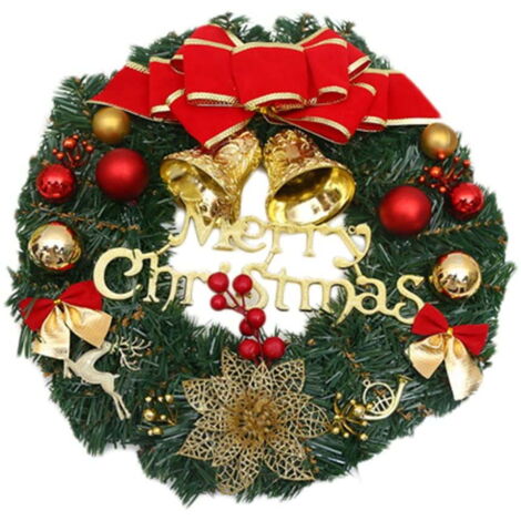 Couronne de Noël 30 cm, Guirlande de Porte avec Boule de Noël Fleur de Noël Bow Berry pour Porte D'entrée, Cheminée et Décoration Murale Intérieur Extérieur- Rouge Vert