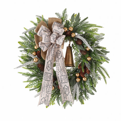 Couronne de Noël artificielle avec cloches et ruban, couronne de Noël verte pour porte, pour maison, mur, fenêtre, porche (45 cm/17,7 po)