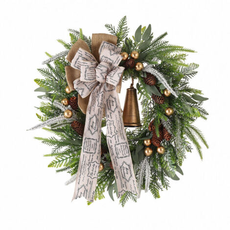Couronne de Noël artificielle avec cloches et ruban, couronne de Noël verte pour porte, pour maison, mur, fenêtre, porche (45 cm/17,7 po)