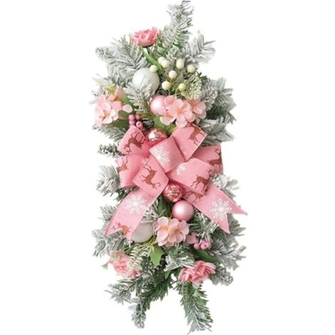 Couronne de Noël artificielle en forme de goutte de 55 cm, grand ruban imprimé, boules de Noël, rose, neige, branches givrées, couronne décorative d'escalier d'intérieur A