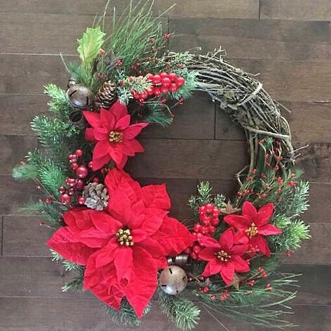 Couronne de Noël avec baies rouges artificielles en rotin, décoration pour porte d’entrée, mur, fenêtre, maison de campagne, style rustique, cadeau de crémaillère.