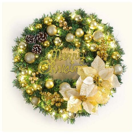 Couronne de Noël avec lumières LED, 40 cm, pommes de pin artificielles, couronne de porte avec inscription « Joyeux Noël » Guirlande de Noël Décoration pour porte d'entrée, cheminée, escaliers