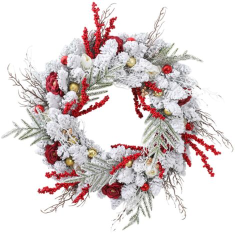 Couronne de Noël blanche givrée de 18 pouces, avec des branches de pin, des roses rouges, des baies rouges et des boules décoratives dorées, décoration festive pour porte et mur pour créer une ambianc