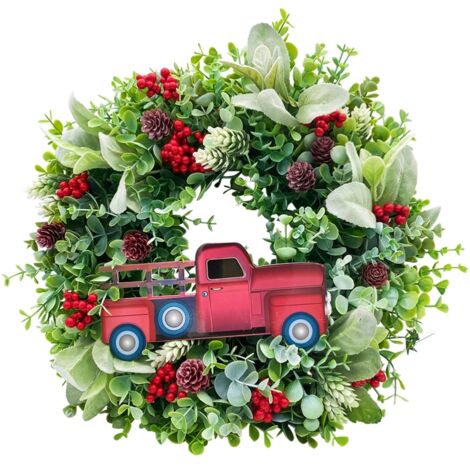 Couronne de Noël Camion Rouge avec Baies et Pommes de Pin pour Porte d'Entrée - Décoration Festive Intérieur et Extérieur