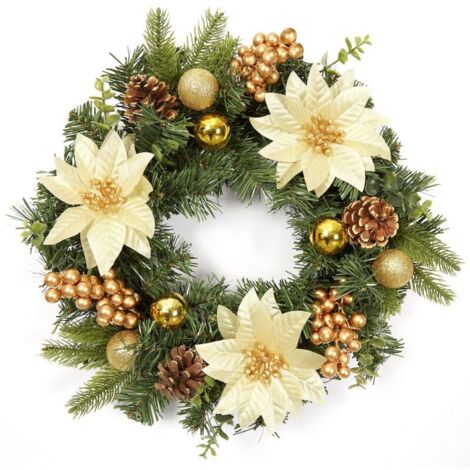 Couronne de Noël, couronne de porte avec boules de Noël, fleurs de Noël, baies et pommes de pin pour porte d'entrée, cheminée et décoration murale - Or 40 cm