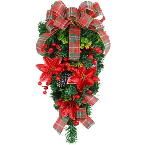 Couronne de Noël, Couronne Déco de Porte de Noël en Forme de Larme, Couronne de Feuilles Vertes avec Nœud, Couronne Artificielle pour Porte d'Entrée, Extérieur, Intérieur, Décoration de