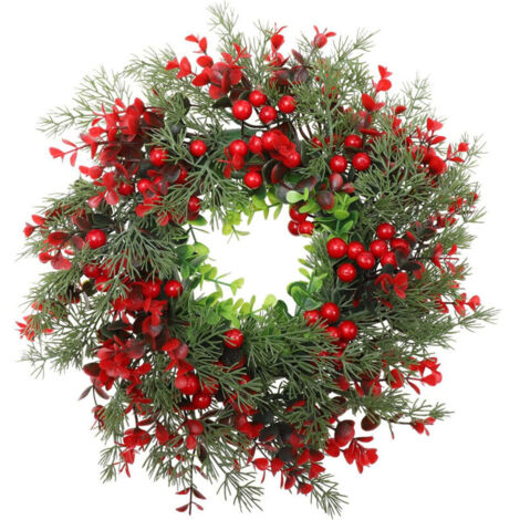 Couronne de Noël de 35 cm avec baies rouges, guirlande de feuilles artificielles, pour décoration intérieure et extérieure, couronne de porte d'entrée
