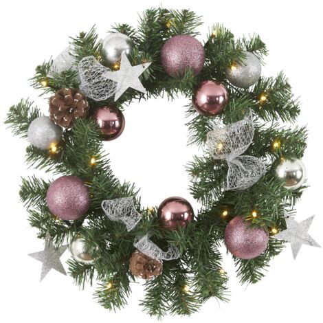 Couronne de Noël décorée « Noel », éclairage LED, batterie + minuteur, vert-rose, Ø 40 cm