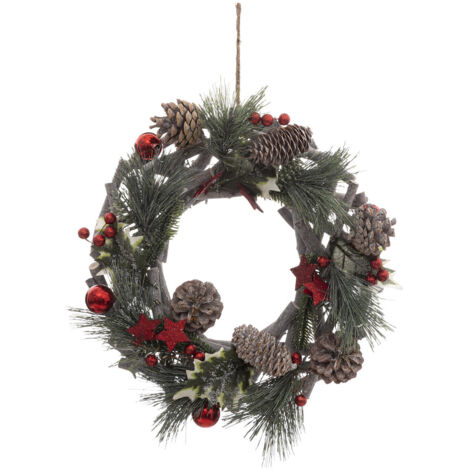 Couronne de Noël en Bois avec branchage et déco rouge pailletée D 30 cm - Feeric Christmas