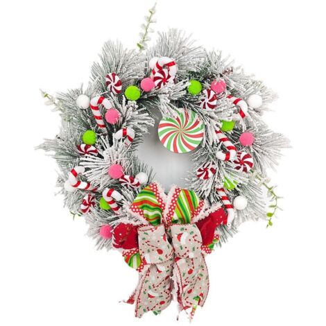Couronne de Noël en canne à sucre rouge et blanche, décoration de porte de Noël avec nœud et boule, couronnes de Noël pour mur, fenêtre, manteau (rose)