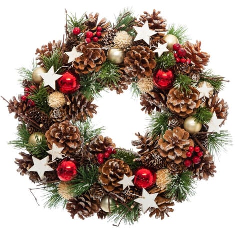 ATMOSPHERA Couronne de Noël artificielle 35 cm avec houx, pommes de pin et étoiles – Décoration féerique de porte