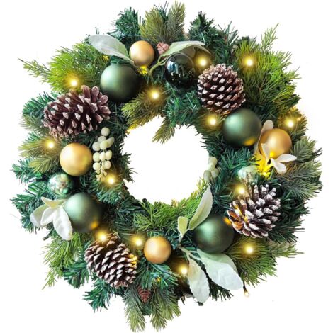 Couronne de Noël illuminée de 50 cm pour décoration de porte d'entrée avec boules de Noël vertes et dorées, Facile à décorer