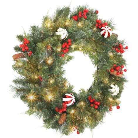 Couronne de Noël lumineuse de 60 cm de long, avec 50 LED, une minuterie, 146 pointes, des pommes de pin, des baies, des boules décoratives et du feuillage vert