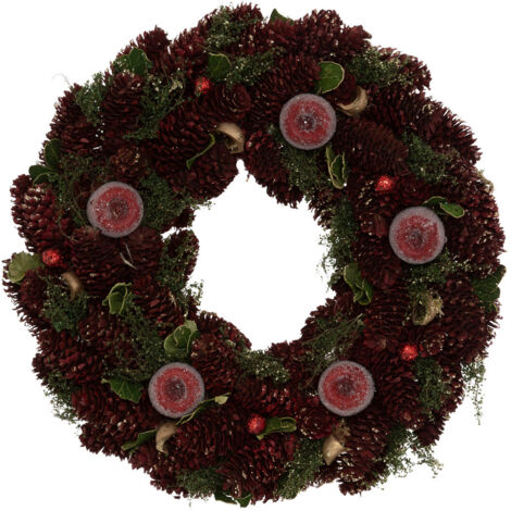 Couronne de Noël Pommes de pin avec déco rouge vert doré  D 34 cm - Feeric Christmas