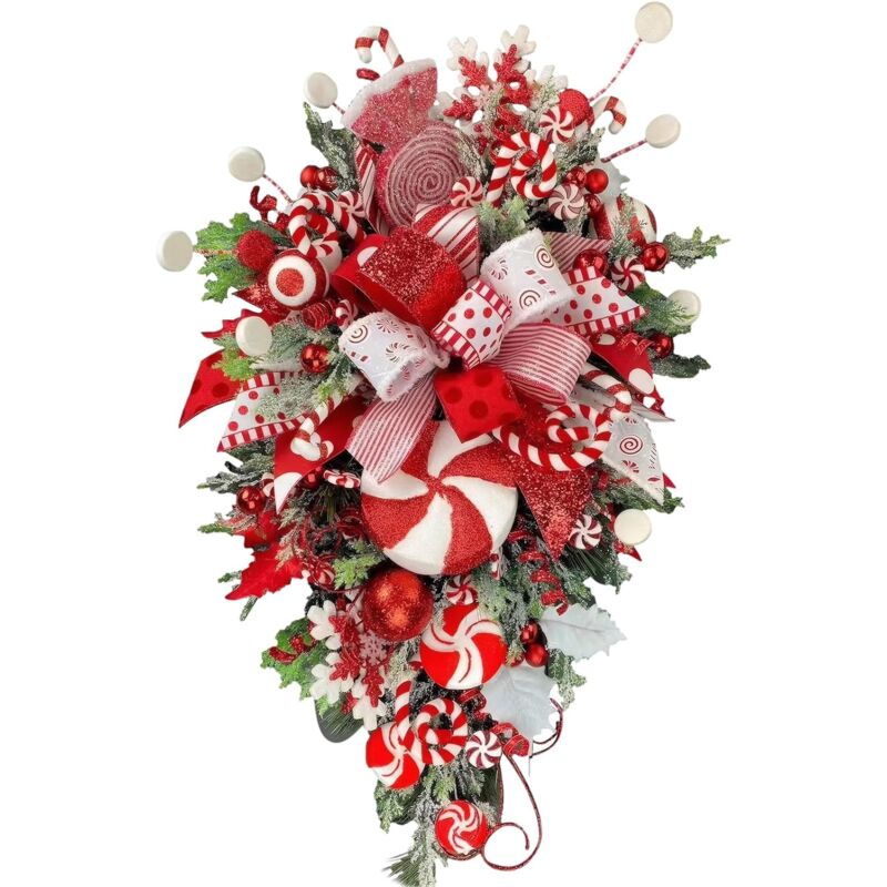 Couronne de Noël Porte d'entrée, Guirlande de Noël Artificielle avec Bowknot Canne à Sucre, Couronne de Sapin de Noël, Couronne de l'avent pour Porte