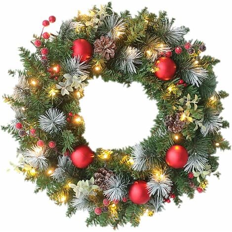 JUSCH Couronne de Noël pour porte d'entrée avec 20 LED, guirlande lumineuse en PVC, alimentée par piles, guirlande lumineuse rouge et verte pour porte d'entrée avec nœud papillon, boules de Noël, baies,