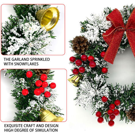 Couronne de Noël pour porte d'entrée, fenêtre suspendue d'hiver artificielle de 12 pouces avec pommes de pin, clochettes, baies, nœud papillon, guirlande d'arbre de Noël, décorations murales de chemin