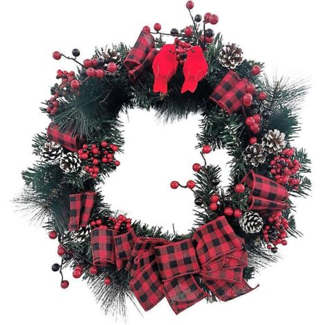 Couronne de Noël Rouge et Noir à Nœud en Tartan et Baies Rouges, Décoration Rustique pour Fête de Noël, Maison ou Ferme