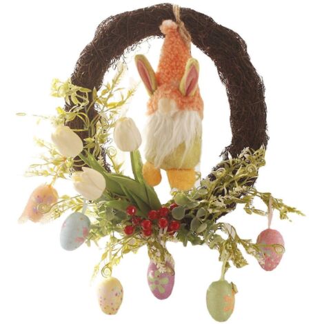 Couronne de Pâques artificielle avec œuf, lapin, gnome et cadre en rotin, guirlande suspendue
