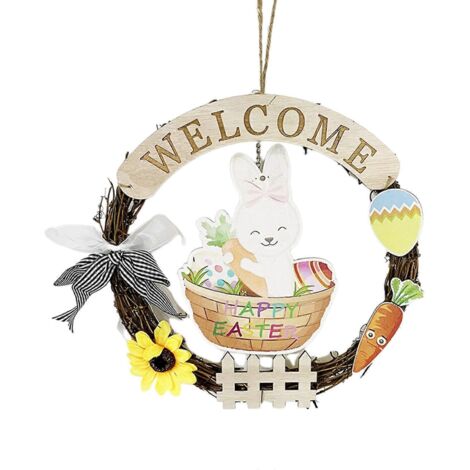 Couronne de Pâques pour porte d'entrée, pendentif œuf lapin, panneau suspendu en bois, guirlande printanière