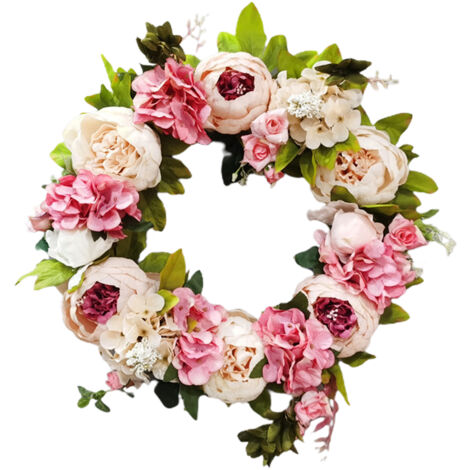 Couronne de Pivoines Artificielles en Rotin et Soie pour Porte d'Entrée Décoration Intérieur Extérieur