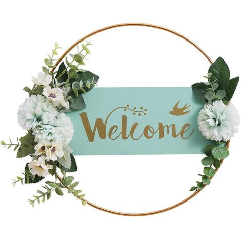 Couronne de porte « Bienvenue » (verte), couronne de fleurs de bienvenue en métal,