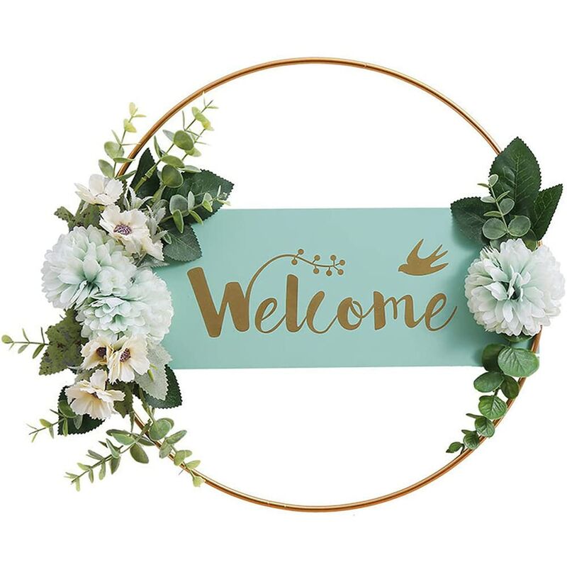 Tumalagia - Couronne de Porte de Signe de Bienvenue, Couronne de Fleurs de Bienvenue en Métal, Décoration de Signe de Bienvenue de Fleur d'Anneau en