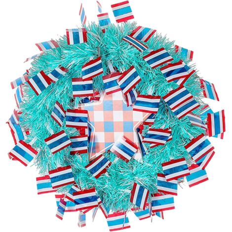 Couronne de porte d'entrée en fil de fer artificiel pour la fête de l'Indépendance - 30 cm - Bleue
