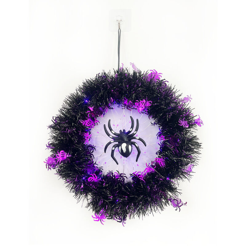 Couronne de porte d'Halloween avec lumières, couronne d'araignée décorative d'Halloween avec lumières violettes, décorations d'Halloween pour