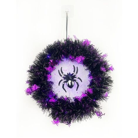 Couronne de porte d'Halloween avec lumières, couronne d'araignée décorative d'Halloween avec lumières violettes, décorations d'Halloween pour l'extérieur, l'intérieur et les fenêtres.