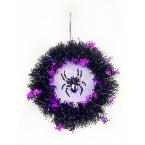 Couronne de porte d'Halloween avec lumières, couronne d'araignée décorative d'Halloween avec lumières violettes, décorations d'Halloween pour l'extérieur, l'intérieur et les fenêtres.