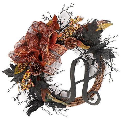 Couronne de porte en rotin et vigne pour Halloween, nœud en ruban de maille brillante, feuilles artificielles, guirlande de pommes de pin à suspendre, décoration murale pour les fêtes