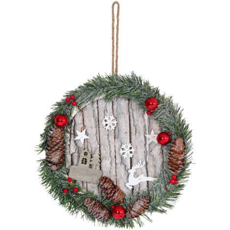 Couronne de porte HWC-M19, couronne décorative de Noël Couronne de Noël, pomme de pin en bois ronde Ø30cm