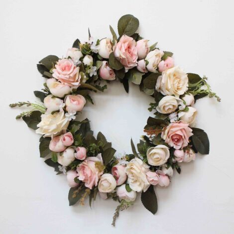 Couronne de porte printanière, roses artificielles en soie, pour porte d'entrée, jardin ou cheminée