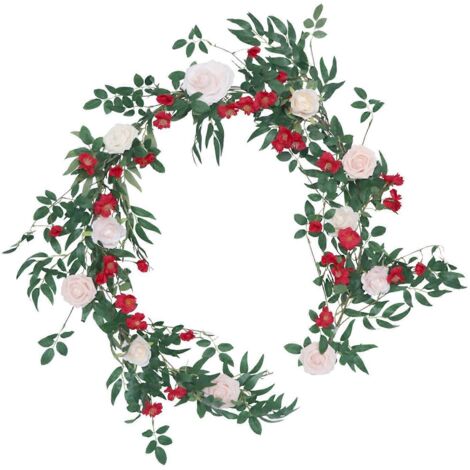 Couronne de rotin artificiel, guirlande suspendue, couleur rouge et rose, pour la décoration de table, de porte d'entrée ou pour un mariage. Cadeau idéal.