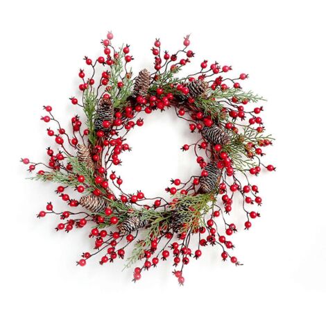 Couronne de rotin avec baies rouges artificielles, pommes de pin et fausses feuilles vertes, guirlande artificielle pour porte d'entrée, style rustique, décoration de Noël et d'Halloween.