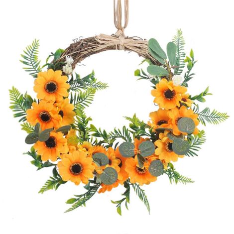 Couronne de tournesols artificiels de 40 cm avec feuilles vertes, guirlande florale printanière et estivale à suspendre, anneau en rotin pour porte d'entrée, mur, extérieur, intérieur, mariage, maison