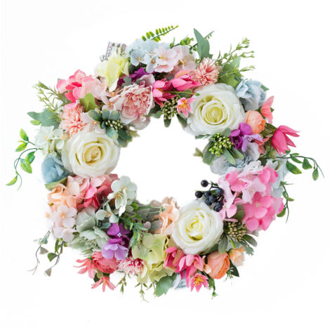 Couronne décorative - Rose artificielle en rattan et tissu - Diamètre 42 cm/16.5" - Multicolore pour intérieur/extérieur