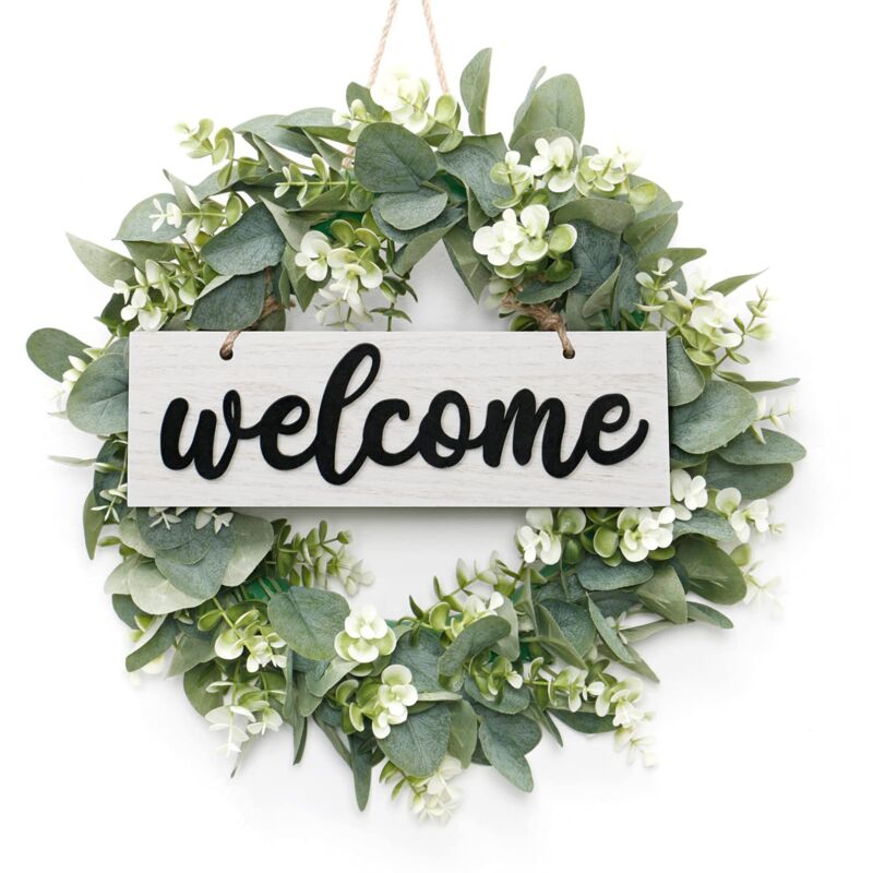 Jusch - Couronne d'eucalyptus artificielle, couronne ronde de 40 cm, couronne de porte d'entrée, couronne de porte avec panneaux de bienvenue en bois