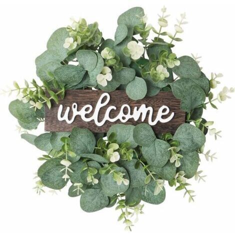 Couronne D'eucalyptus Artificielle Verte 30 cm Couronne Ronde Avec Panneaux en Bois Fleurs Blanches et Vertes Décoration Murale Couronne D'été