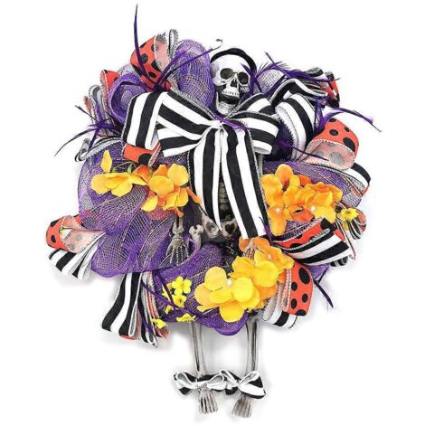 Couronne d'Halloween avec squelette, fleurs artificielles, ruban et nœud papillon, guirlande décorative à suspendre pour porte d'entrée ou mur, idéale pour une fête effrayante.