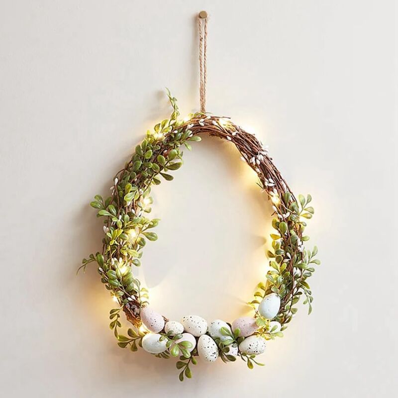 Couronne d'œufs de Pâques pour décoration, 30 cm, couronne de vigne avec lumières LED, œufs et feuilles vertes, couronne de printemps lumineuse