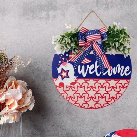 Couronne du 4 juillet, nœud patriotique, décoration murale ronde en bois --