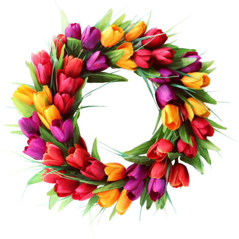 Couronne Florale Artificielle Décorative en Rattan et Soie pour Porte D'entrée, Intérieur/Extérieur, Diamètre 40cm, Rouge/Jaune/Pur