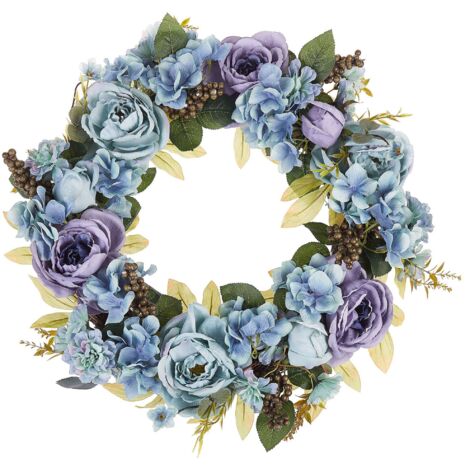 Couronne Florale Synthétique et Bois et Fleurs Bleues Décoration pour Porte d'Entree Agréable et Tendance Pour Extérieur Beliani