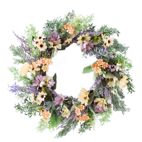 Couronne Porte Tournesols Artificielle Décoration Maison avec Feuilles Vertes pour toutes saisons. Matière : Rotin et Toile Soie. Diamètre: 48cm. Modèle: Wreath.