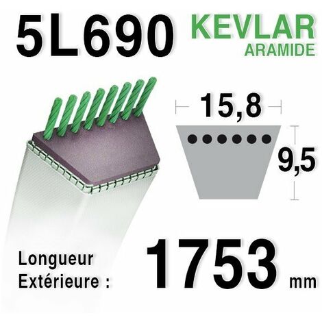 Courroie pour moteur thermique 5L690 – Longueur 1752,60 mm – Section 15,88 x 11 mm – Compatible ARIENS et MTD