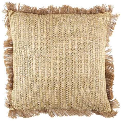 Coussin 40x40cm en Jute et Lin Tressé Doré avec Franges Déhoussable