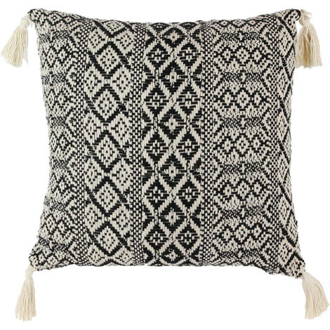 Coussin 40x40cm Style Ethnique Noir et Blanc Déhoussable avec Pompons