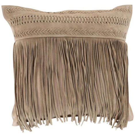 Coussin à Franges en Cuir "India" 45cm Gris Clair